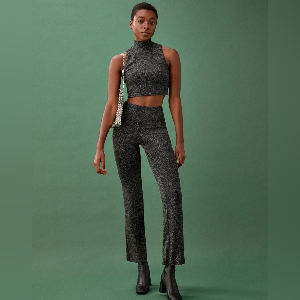 Reformation Griffith Two Piece Metallic Set black Silver XL crop top flare pants